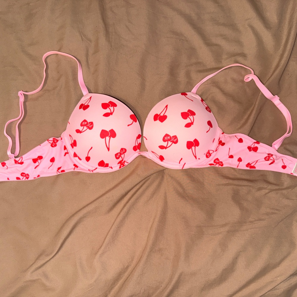 PINK Victoria's Secret Cherry Print Bra - Pink and Red